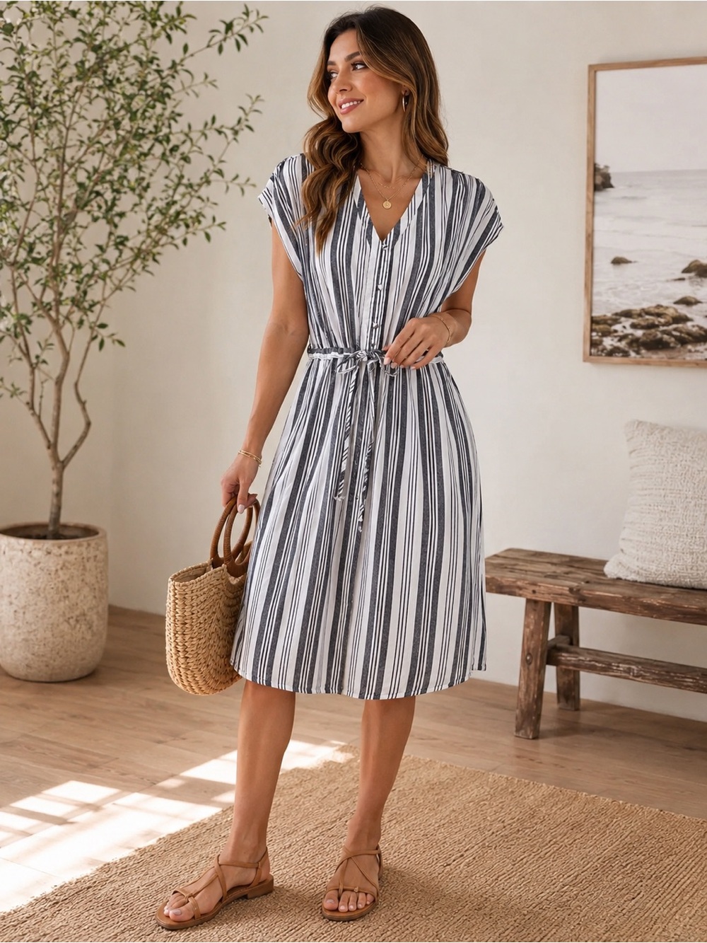 Striped Tie Waist Midi Dress Black White Casual Summer Boho XL